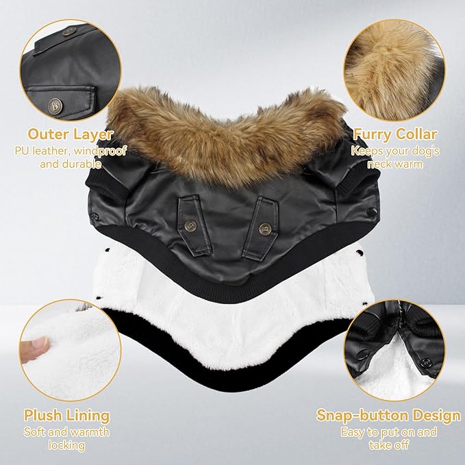 PETLESO Dog Coat for Small Dogs, Dog Leather Jacket Waterproof Windproof, Double Layer Warm Dog Winter Coat with Plush Lined, Black S