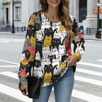 Women's Cat Printed Sweater Oversized Cable Knit Long Sleeve Christmas Clothes Casual Autumn Winter Fashion Tops
