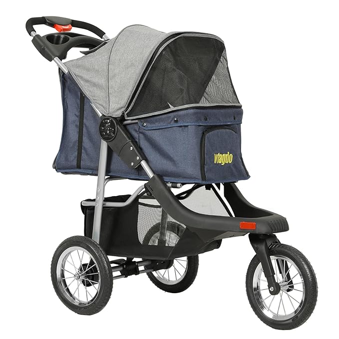 VIAGDO Premium Heavy Duty Dog Stroller for Small Medium Dogs & Cats, 3-Wheel Pet Strollers, Foldable Cat Stroller with Suspension System/Link Brake/One-Hand Fold, Max. Loading 55 LBS
