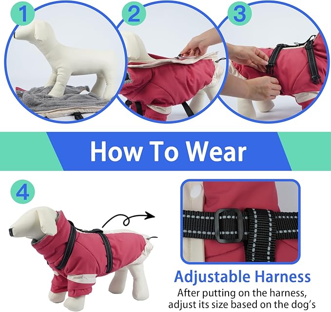 MIGOHI Dog Coat with Harness Built in, 2-in-1 Water-Resistant Dog Jacket, Thermal Fleece Lined Coat with Reflective Strips for Medium Dogs, Zip Up Closure, French Bulldog, Pink, M