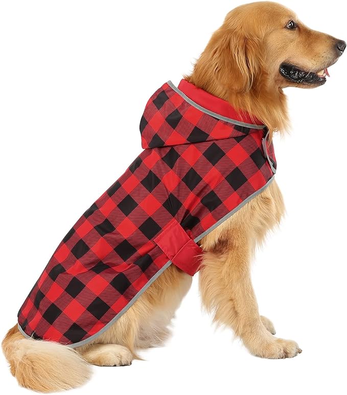 HDE Reversible Dog Raincoat Hooded Slicker Poncho Rain Coat Jacket for Small Medium Large Dogs Buffalo Plaid/Red - 3XL