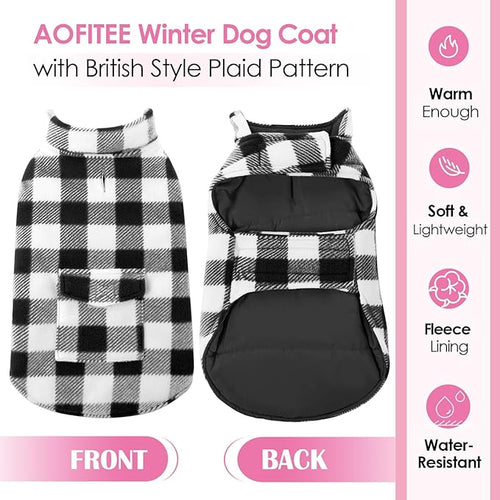 AOFITEE Dog Coat Plaid Dog Winter Coat for Small Dogs, Warm Dogs Jacket Christmas Sweater, Waterproof Pet Puffer Jacket, Reversible Pet Cold Weather Coats for Small Medium Large Pets, Black L
