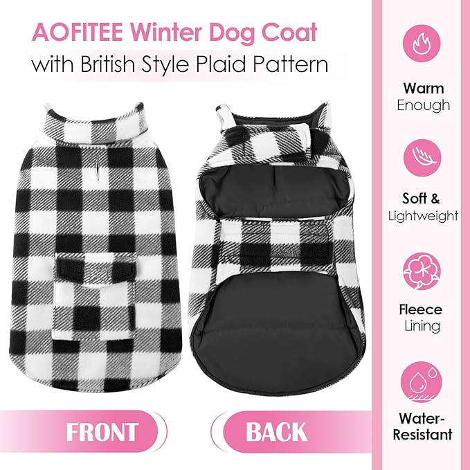 AOFITEE Dog Coat Plaid Dog Winter Coat for Large Dogs, Warm Dogs Jacket Christmas Sweater, Waterproof Pet Puffer Jacket, Reversible Pet Cold Weather Coats for Small Medium Large Pets, Black XXXL