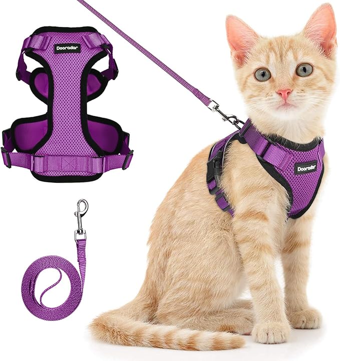 Dooradar Cat Harness and Leash Set, Escape Proof Safe Adjustable Kitten Vest Harnesses for Walking, Easy Control Soft Breathable Mesh Jacket with Reflective Strips for Cats, Purple, XS