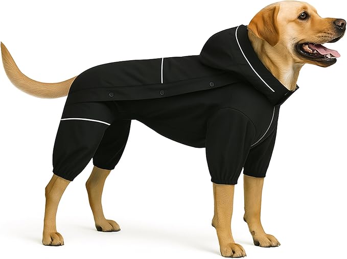 LOVELONGLONG Fleece-Lined Dog Raincoat with Removable Hood – Waterproof Winter Full Body Dog Jacket – Windproof Snowproof Cold-Weather Suit – Black-F XXS