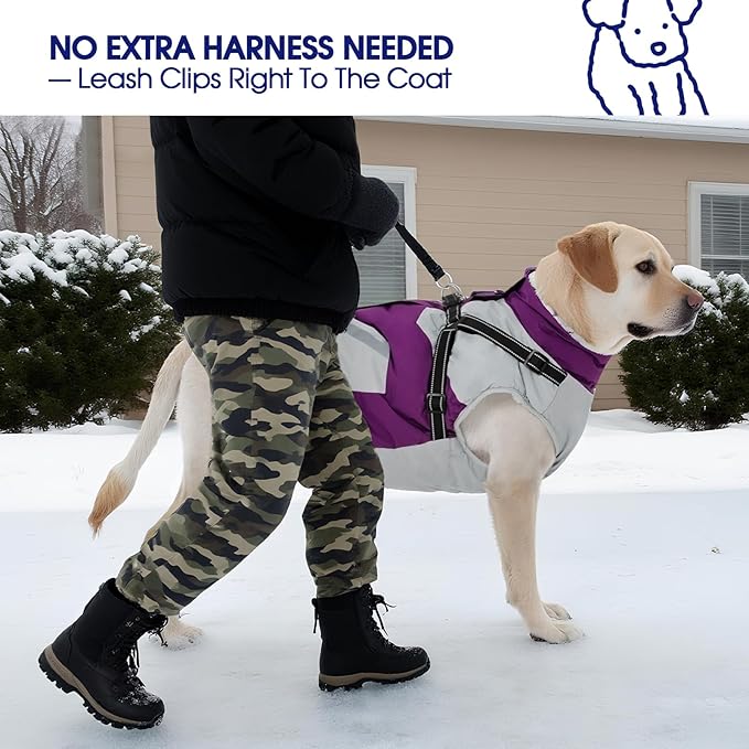 FUAMEY Dog Winter Jackets for Large Dogs,Dog Coat with Harness Built in,Waterproof Dogs Snowsuits Warm Pet Jacket Zip Up Fleece Cold Weather Coats Reflective Puppy Vest with Pocket Purple 3XL