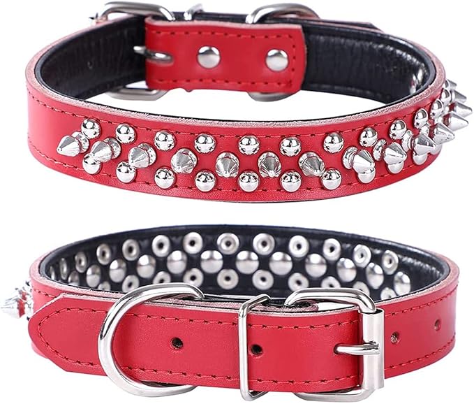 Adjustable Genuine Leather Spiked Studded Dog Collars for Small Medium Large Pets Like Pit Bull Bulldog Pugs Husky (S, Red)