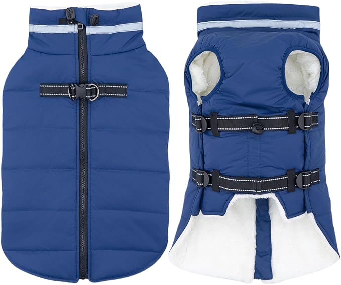 Medium Dog Coat with Harness Built-in, Waterproof Reflective Fleece Lined - Warm Windproof Winter Jacket with Back Zipper, Cold Weather Snow Dog Coats - Blue - M