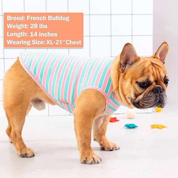 KYEESE 2Pack Dog Shirts Small Tee Soft for Small Dogs Striped T Shirt Lightweight Sleeveless Vest Cotton Tank Top Clothes, Large,Pink+Striped