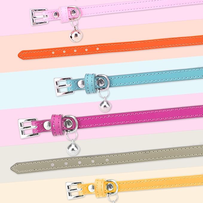 PUPTECK 2 PCS Soft Genuine Leather Cat Kitten Collar with Bells Adjustable for Girl Boy Cats Puppy - Pink, Blue