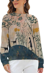 Long Sleeve Shirts for Women Cat Oil Painting Shirt 3D Graphic Sweatshirts Fall Pullover Crewneck Vintage Boho Tops
