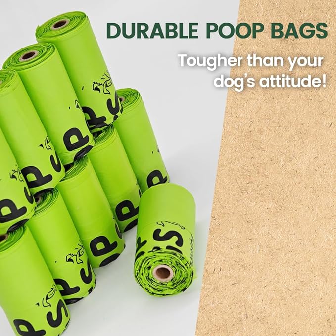 Ley's Compostable Dog Poop Bags, Plant-Based Biodegradable Doggie Waste Bags with Easy Tie Handles, Unscented, Vegetable-Based, Dog Bags Refill Rolls with Dispenser and Leash Clip