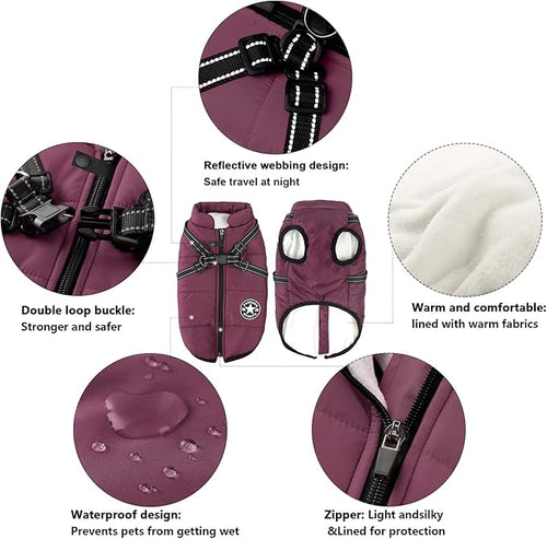Aiboria Dog Jackets for Winter Windproof Waterproof 2 in 1 Outfit Cold Weather Coat Dog Vest Harness Puppy Winter Warm Jacket Purple S