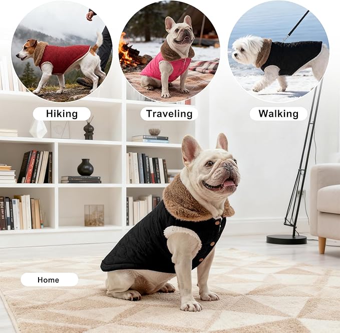 BEAUTYZOO Winter Dog Vest Coat with Harness Built in, Warm Puppy Jacket for Small Medium Dogs, Lightweight Cold Weather Small Dog Coat, Fleece Puffer Vest Windproof Snowproof Pet Clothes, Black
