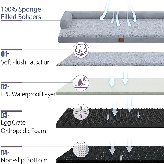 Orthopedic XXL Dog Beds, Waterproof Egg Crate Foam Big Pet Bed for All Breed Sized Dogs 53x42Inch, Washable Extra Large Dog Couch Bed with Removable Cover and Non-Slip Bottom, Grey