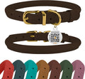 BronzeDog Rolled Leather Dog Collar with QR ID Tag, Adjustable Soft Round Collars for Small Medium Large Dogs Puppy (16" - 19" Neck Size, Brown)