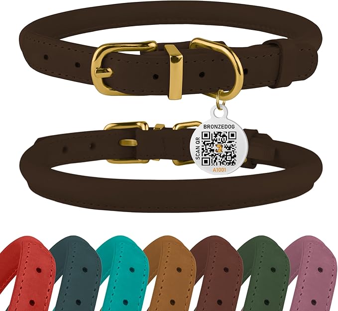 BronzeDog Rolled Leather Dog Collar with QR ID Tag, Adjustable Soft Round Collars for Small Medium Large Dogs Puppy (16" - 19" Neck Size, Brown)