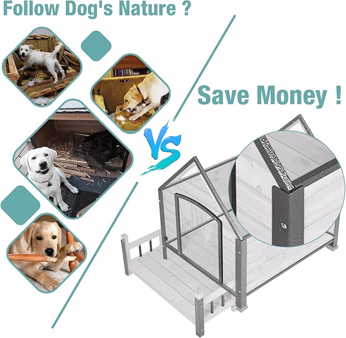 Dog House with Heating Pad, Weatherproof Outdoor Kennel for Large Dogs, Chew-Resistant Iron Frame & Asphalt Roof (Grey, L)