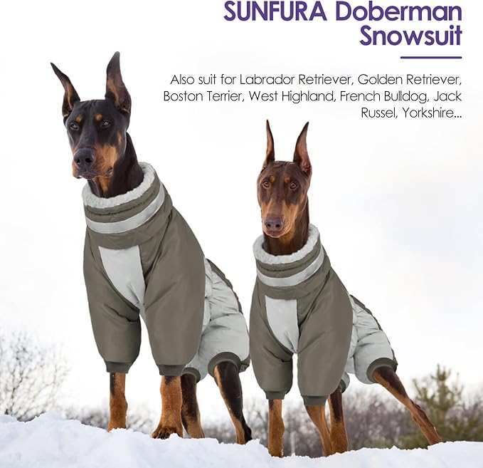 SUNFURA Full Body Dog Coat - Warm Fleece Jacket for Large Dogs, Turtleneck Winter Coats with Harness, Reflective Dog Snowsuit Windproof Puffer Jackets with Legs for French Bulldog, Army Green L