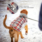 FUAMEY Dog Coat for Large Dogs,Waterproof Dog Winter Jacket with Harness Built in Puppy Cold Weather Coats Reflective Pet Vest with Zipper Warm Fleece Dogs Snowsuit Windproof Red Plaid XL