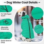 Large Dog Winter Coat with Back Zipper & Detachable Scarf, Waterproof Warm Female Dog Snow Jacket, Dogs Puffer Vest for Golden Retriever, German Shepherd, Green 2XL