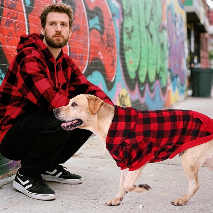 KOOLTAIL Plaid Dog Hoodie Pet Clothes Sweater with Hat and Pocket for Small Medium Large Size Dogs, Soft Winter Warm Dog Cold Weather Coat, Fleece Fall Dog Hooded Sweatshirt for Puppy Cats, Red XXL