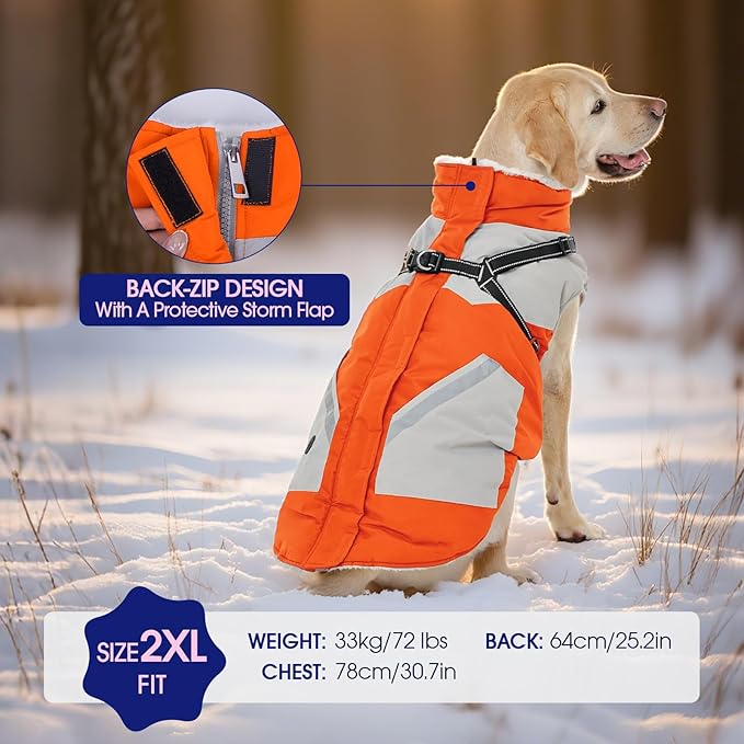 FUAMEY Dog Winter Jackets for Large Dogs,Dog Coat with Harness Built in,Waterproof Dogs Snowsuits Warm Pet Jacket Zip Up Fleece Cold Weather Coats Reflective Puppy Vest with Pocket Orange L