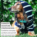 DJANGO Dog Hoodie – Warm, Lightweight, Soft & Stretchy Dog Sweater with Hood, Harness Hole & Elastic Waistband – Cozy Sweatshirt for Small Dogs up to 25 lbs, Dachshunds & Puppies – Navy Blue, Medium