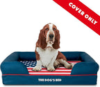 The Dog's Bed Replacement Outer Cover ONLY (Outer Cover ONLY - NO Bed, NO Waterproof Inner) for The Dog's Bed, Washable Oxford Fabric, Large (Blue with Red Piping USA Flag Embroidery & Centre Flag)