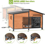 GUTINNEEN Extra Large 60" Heated Dog House Outdoor Insulated Dog Kennel with Safe Heated Pad, Chew-Proof Metal Frame and Rotating Food Bowl for Large Dog Breeds, 60" L x 36" W x35.4 H (Brown)