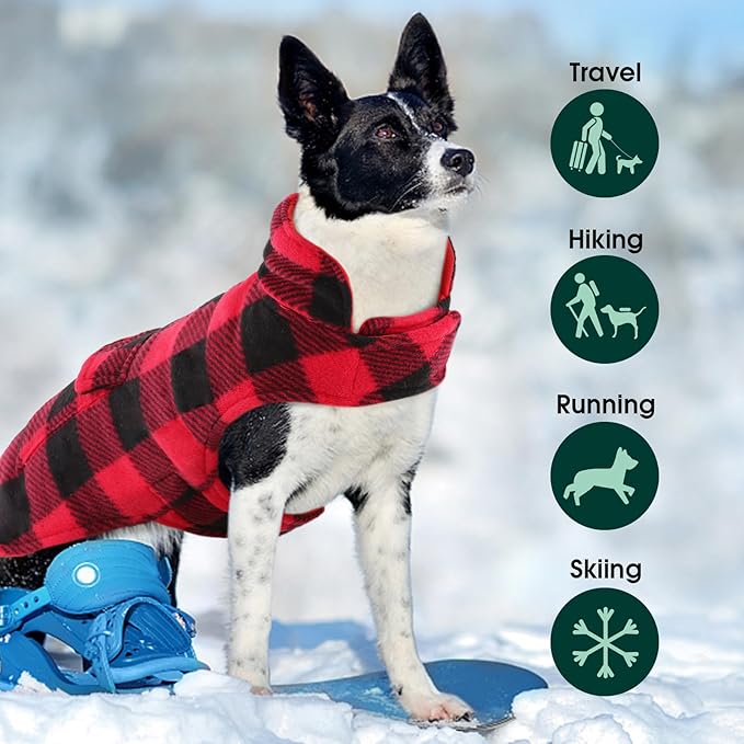 Kuoser Dog Winter Coat, Windproof Dog Fleece Jacket British Style Plaid Cold Weather Doggie Vest Coats, Reversible Cozy Warm Pet Clothes Apparel for Large Size Dogs XL