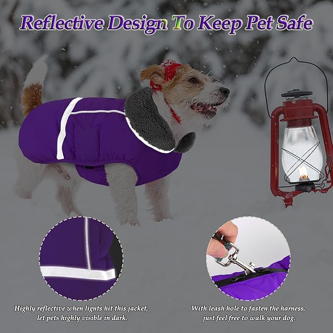 Dogcheer Warm Dog Coat, Christmas Dog Jacket Waterproof Puppy Winter Coat with Buckles, Reflective Adjustable Pet Snow Jacket Turtleneck Fleece Sweater for Small Medium Large Dogs - Purple, 3XL