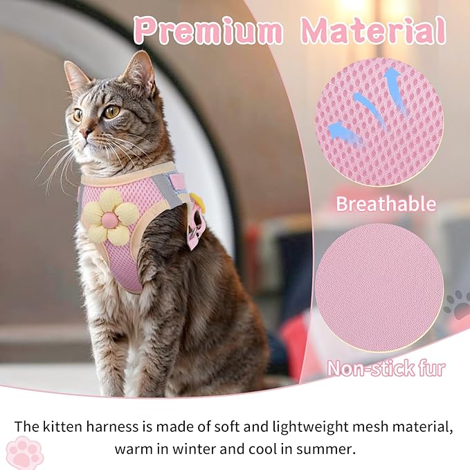 Cat Harness and Leash Set for Walking Escape Proof, Adjustable Kitten Harness Breathable Mesh with Reflective Strips Harness with Flower for Kitty Puppy Bunny Pink L