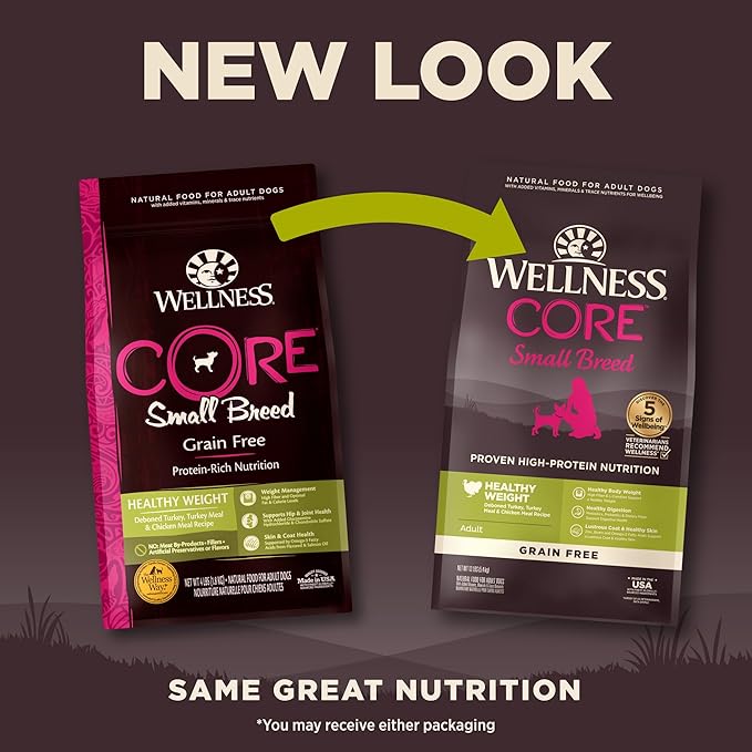 Wellness CORE Dry Dog Food, Small Breed, Grain-Free, High Protein, Natural, Healthy Weight Turkey & Chicken Recipe, (12-Pound Bag)