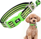 XXS-XS Dog Collar with Bell Reflective - Adjustable Tiny Small Breed Collar for Girl Boy Chihuahua Puppies, Night Walk Safety Accessory（Green XS）