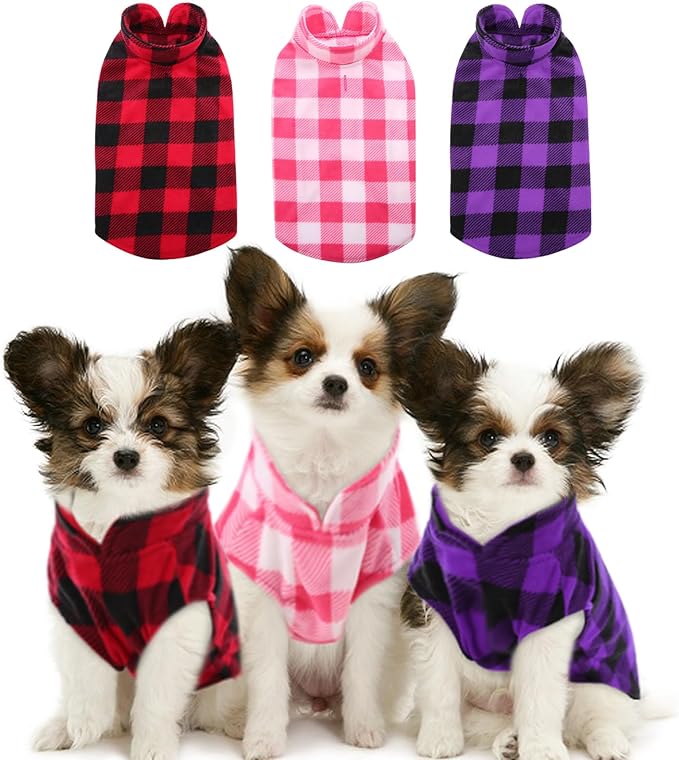 KAMA BRIDAL 3 Pack Dog Coat - Spring, Autumn, Winter - Fleece Vest for Cats & Dogs - Small & Medium - Blue & Black Plaid, Red, Pink, Purple Plaid (XS)