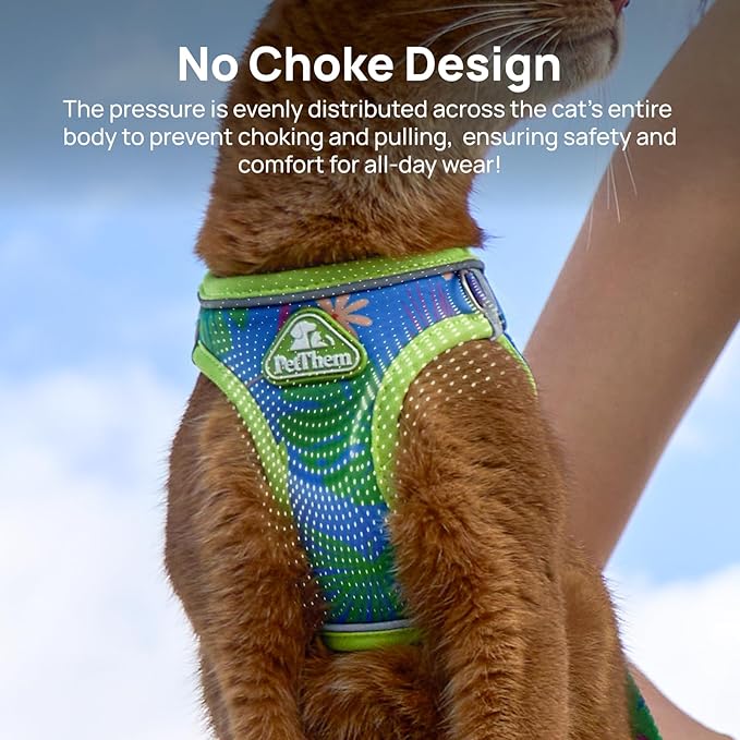 Cat Harness and Leash Set, Step-in Escape Proof Adjustable Vest Harness for Small Medium Large Cats, Lightweight Soft Breathable Reflective Kitten Harness for Walking Travel, Camping(Hawaii Green, M)