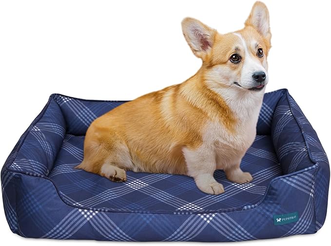 Orthopedic Bolster Dog Bed – CertiPUR-US Foam, Recycled Polyester Canvas, Washable Cover, Anti-Slip Bottom, Large, Navy Plaid – Stylish Designer Dog Sofa