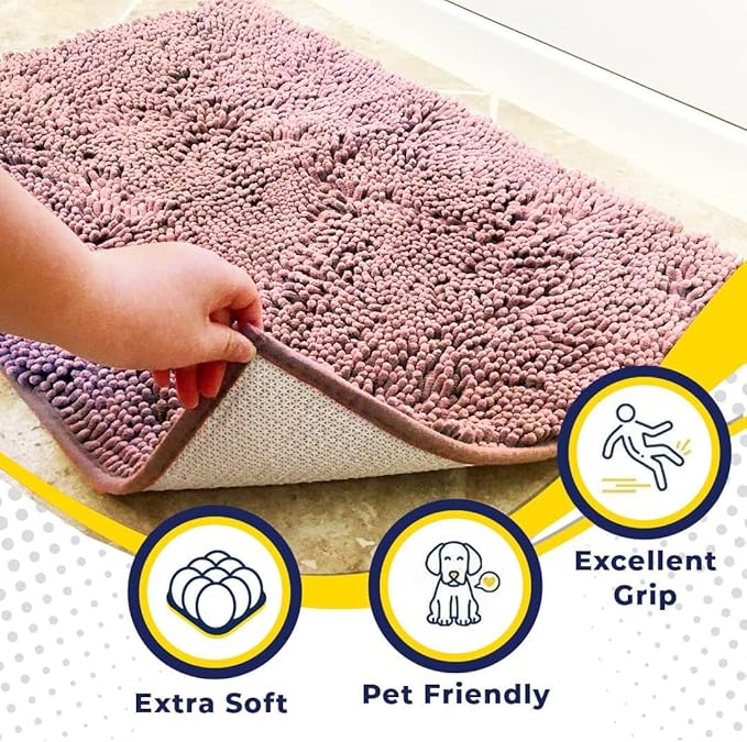 Muddy Mat® AS-SEEN-ON-TV Highly Absorbent Microfiber Door Mat and Pet Rug, Non Slip Thick Washable Area and Bath Mat Soft Chenille for Kitchen Bedroom Indoor and Outdoor - Light Pink 36" x 120"