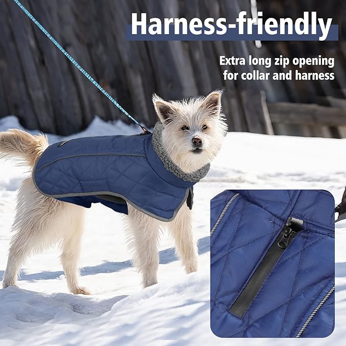 Fragralley Dog Coat Large, Waterproof Dog Jacket with Warm Fleece Lining, Adjustable Reflective Dogs Winter Coat, Turtleneck Pet Coats for Cold Weather (Blue XXXL)