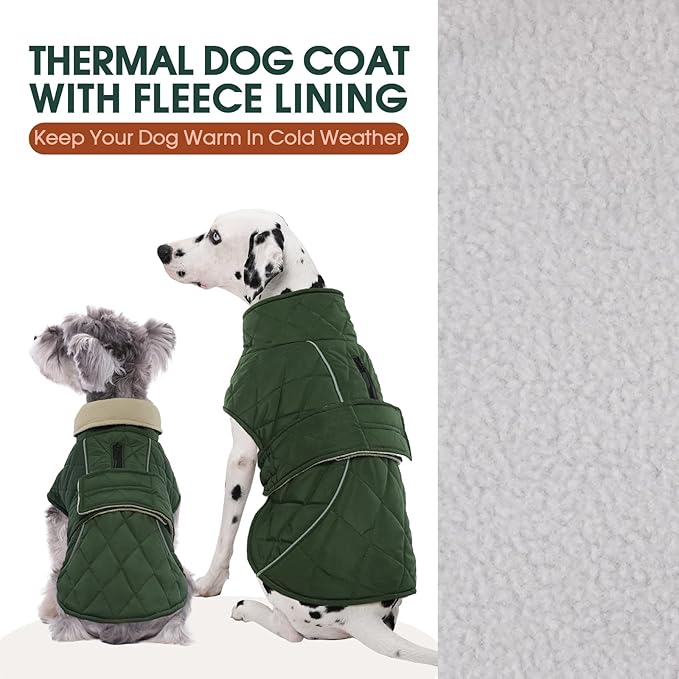 Kuoser Super-Warm Dog Coat, Windproof Cold Weather Coats for Extra Large Dogs, Fleece Lining Turtleneck Dog Snow Jacket with Reflective Strips Thermal Pet Winter Clothes, Green 2XL