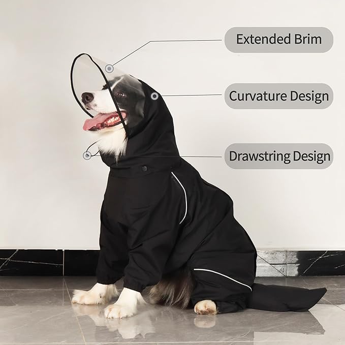 Dog Raincoat for Medium Large Dogs,rain Jacket Coat, Full Leg Coverage Waterproof Rain Suit with Detachable Hood & Tail, Reflective Strips, Snag-Free Top Zipper (Black for Girl, X-Large)