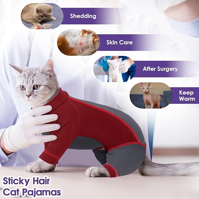 SUNFURA Hair Sticky Cat Clothes, Cat Sweater for Cats Only, 4-Legged Fleece Sweaters Kitten Pajamas Reduce Shedding Fur, Warm Pullover Shirts for Cats, Red L