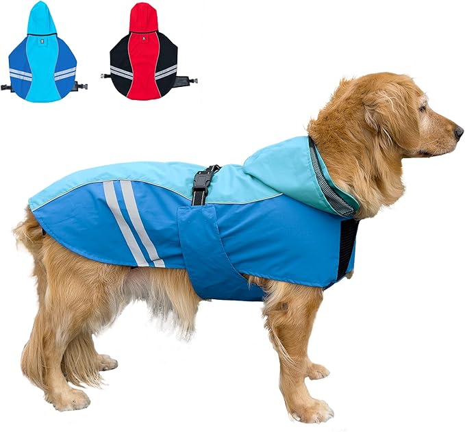 Dog Raincoat for Medium Large Extra Large Dogs, Waterproof Rain Jacket with Reflective Strap, Lightweight Hoodies Full-Body Coverage Dry Clothes (2XL, Blue)
