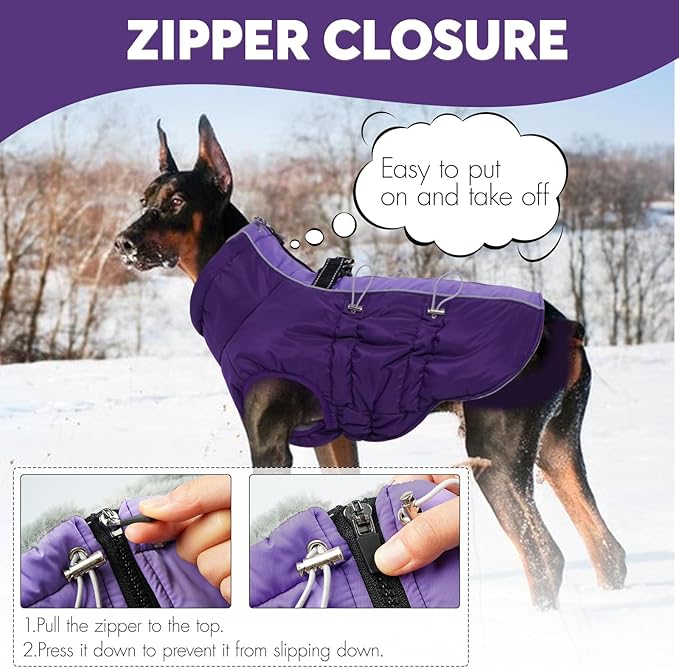 IDOMIK Warm Dog Coat with Harness, Waterproof Reflective Dog Jackets for Small Medium Large Dogs, Fleece High Collar Winter Jacket with Zipper, Pet Winter Snowsuit Clothes for Cold Weather,Purple S