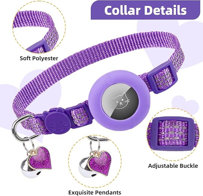 PUPTECK Airtag Cat Collar Breakaway 2 Pack with Bells, Reflective Kitten Collar with Air Tag Holder for Boy Girl Kitty and Puppies, Soft, Orange & Purple