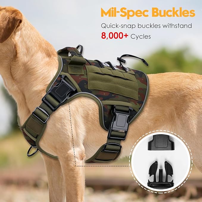 Heavy-Duty Tactical Dog Harness for Large Dogs, No Pull Adjustable Reflective Pet Vest with Molle System, K9 Military-Grade Control for Service Training, Outdoor & 10+ Breeds, Green Camo, Large
