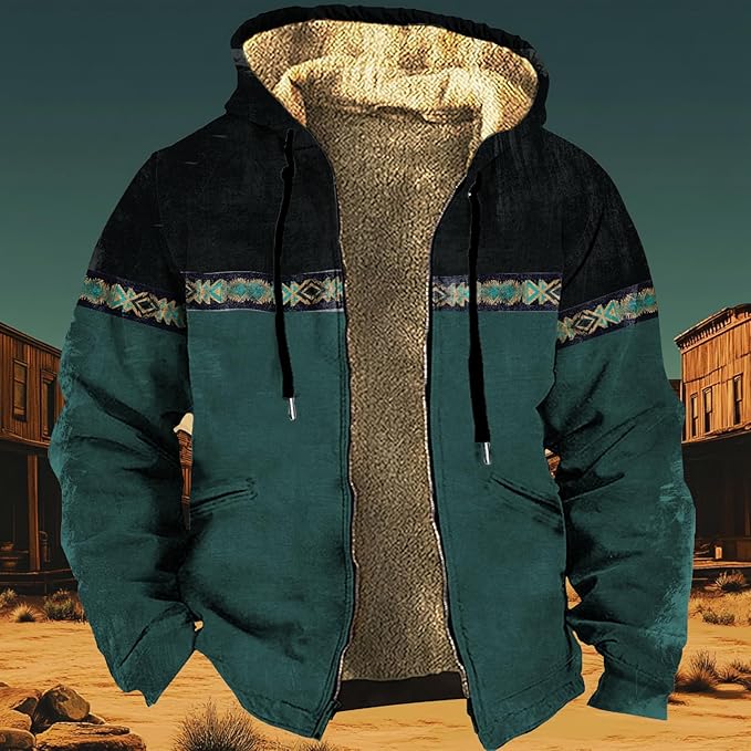 Men's Western Aztec Jackets Hooded Cowboy Hoodie Warm Full Zip Ethnic Vintage Long Sleeve Coat Fall Winter Tops