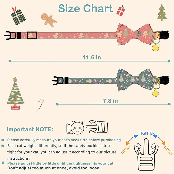 2 Pack Cotton Christmas Cats Collar with Bow Tie Red Green Cat Collars for Girl Female Boy Male Cat Collar with Bell Gingerbread Man Christmas Trees Charms