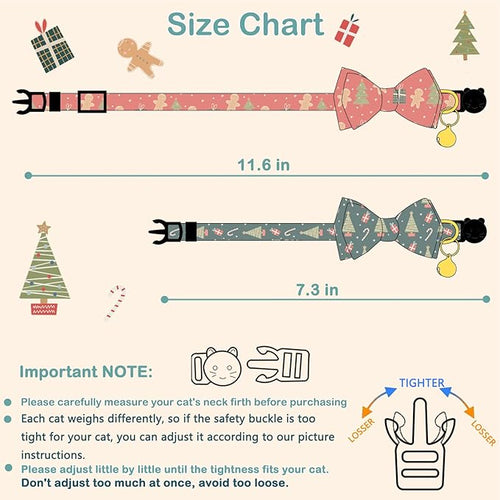 2 Pack Cotton Christmas Cats Collar with Bow Tie Red Green Cat Collars for Girl Female Boy Male Cat Collar with Bell Gingerbread Man Christmas Trees Charms